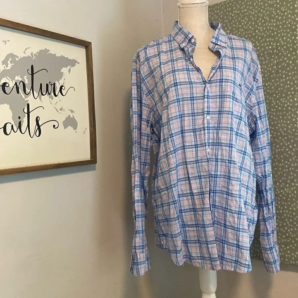 Vineyard Vines Blue & Pink Plaid Slim Fit Tucker Shirt Size XL